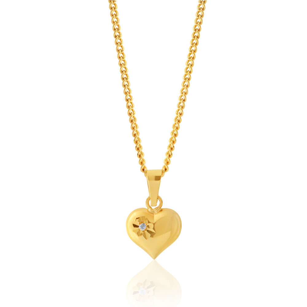 Exquisite 9 Carat Yellow Gold Heart - Shaped Pendant Embellished with Zirconia