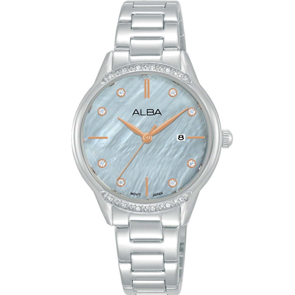 Alba Fashion Stylish Light Blue Dial Rose Gold Accented Watch AH7AQ3X