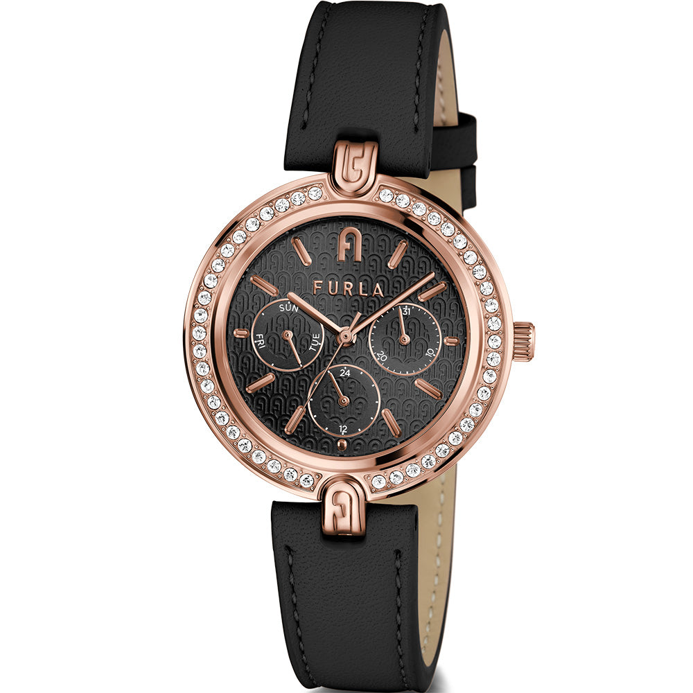 Furla Black Leather Strap Rose Gold Plated Women's Logo Watch