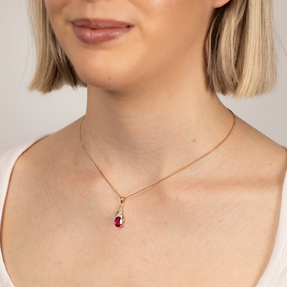Gorgeous 9ct Yellow Gold 8x6mm Created Ruby and Diamond Teardrop Pendant