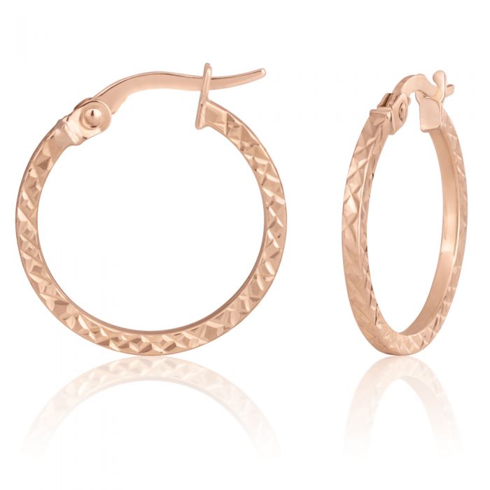 Stylish 9ct Rose Gold 15mm Diamond Cut Hoop Earrings for Everyday Elegance