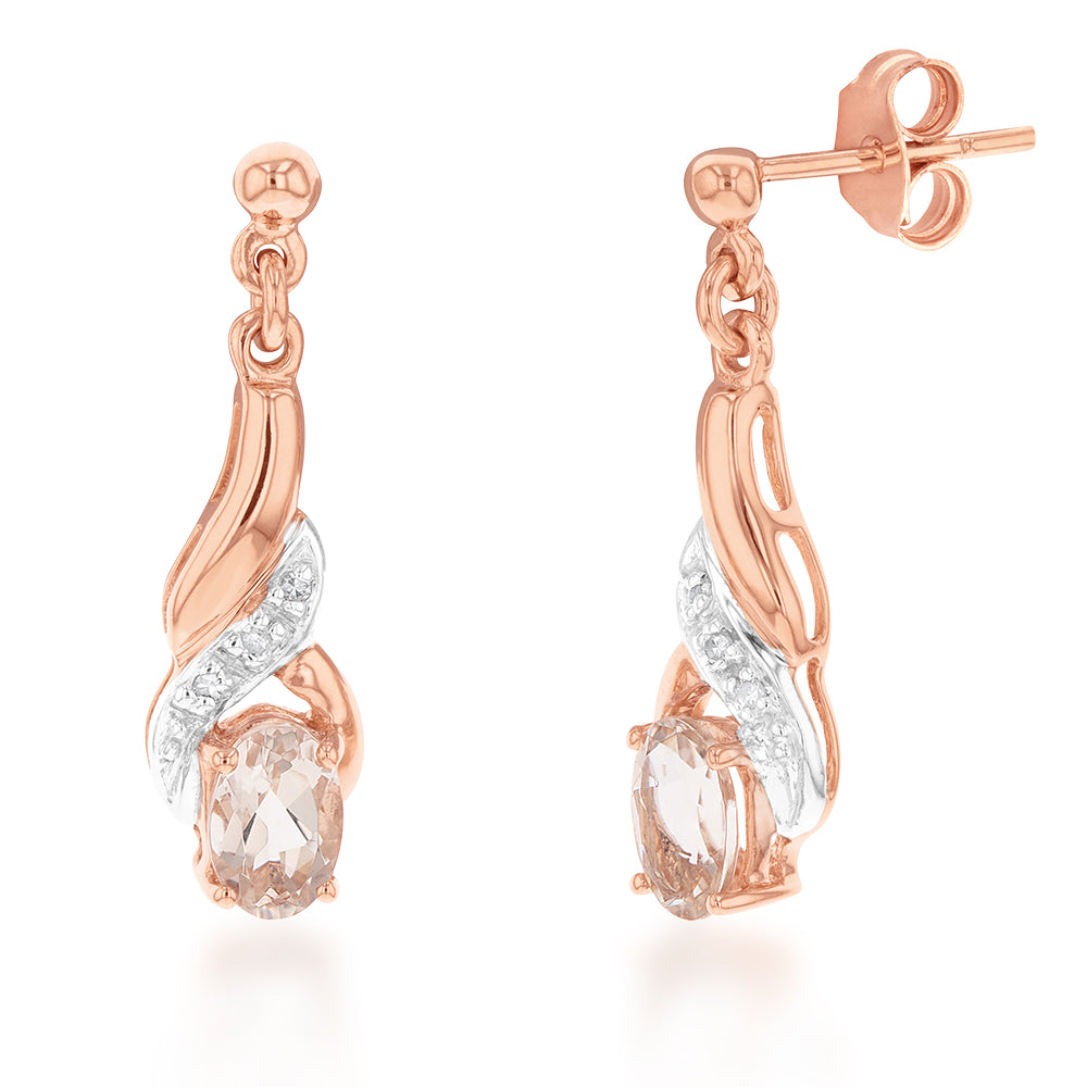 Stunning 9ct Rose Gold Oval Drop Earrings with Morganite and Diamonds