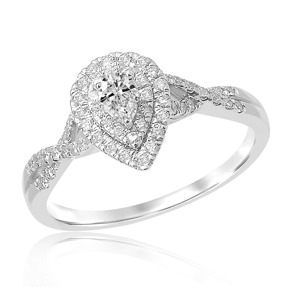 Exquisite 18ct White Gold 1/2 Carat Pear - Cut Diamond Double - Halo Split Shank Engagement Ring