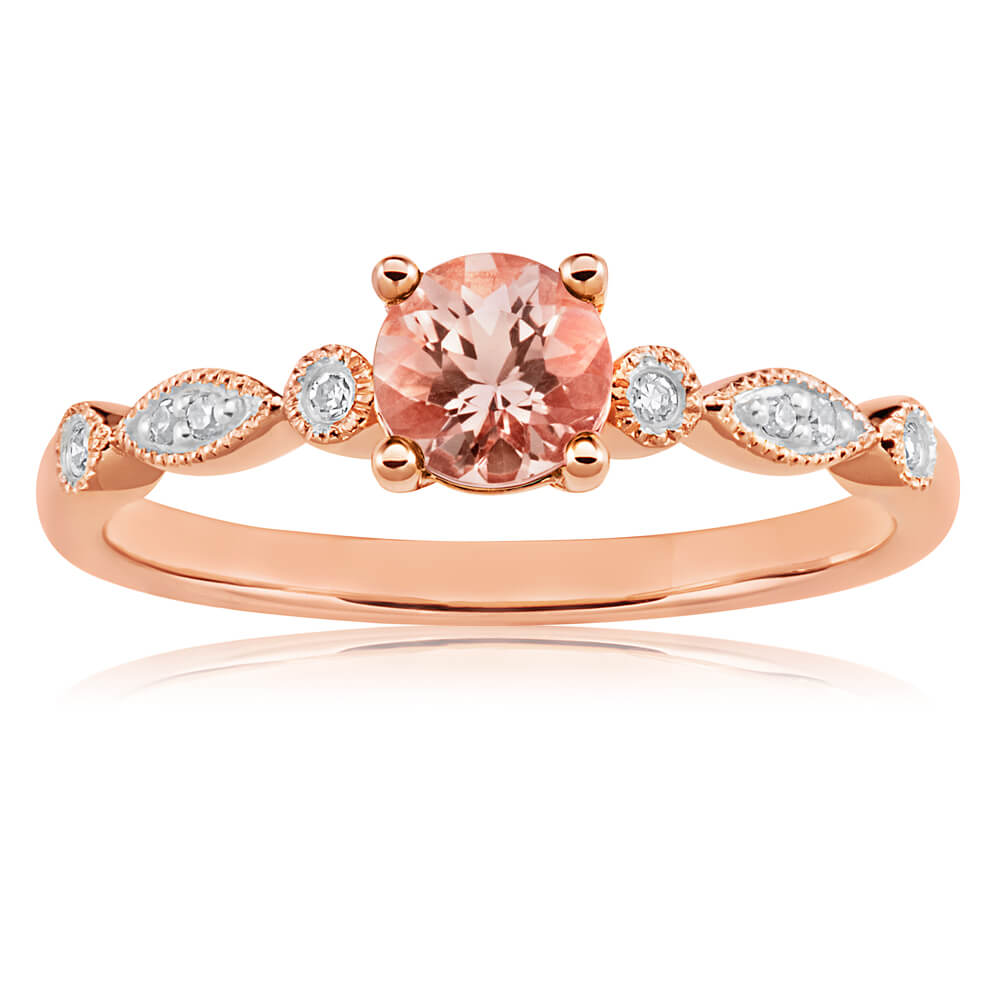 Exquisite 9ct Rose Gold Ring with 0.45ct Round Cut Morganite and Diamonds