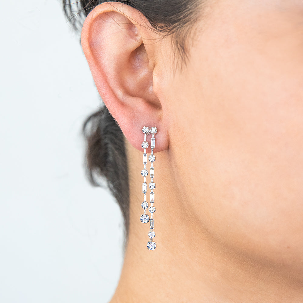 18ct White Gold Drop Earrings Featuring Round and Baguette Diamonds