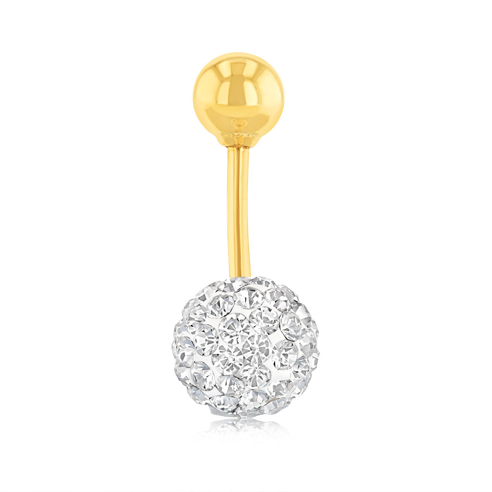 Stunning 9ct Yellow Gold Belly Bar with White Round Crystals