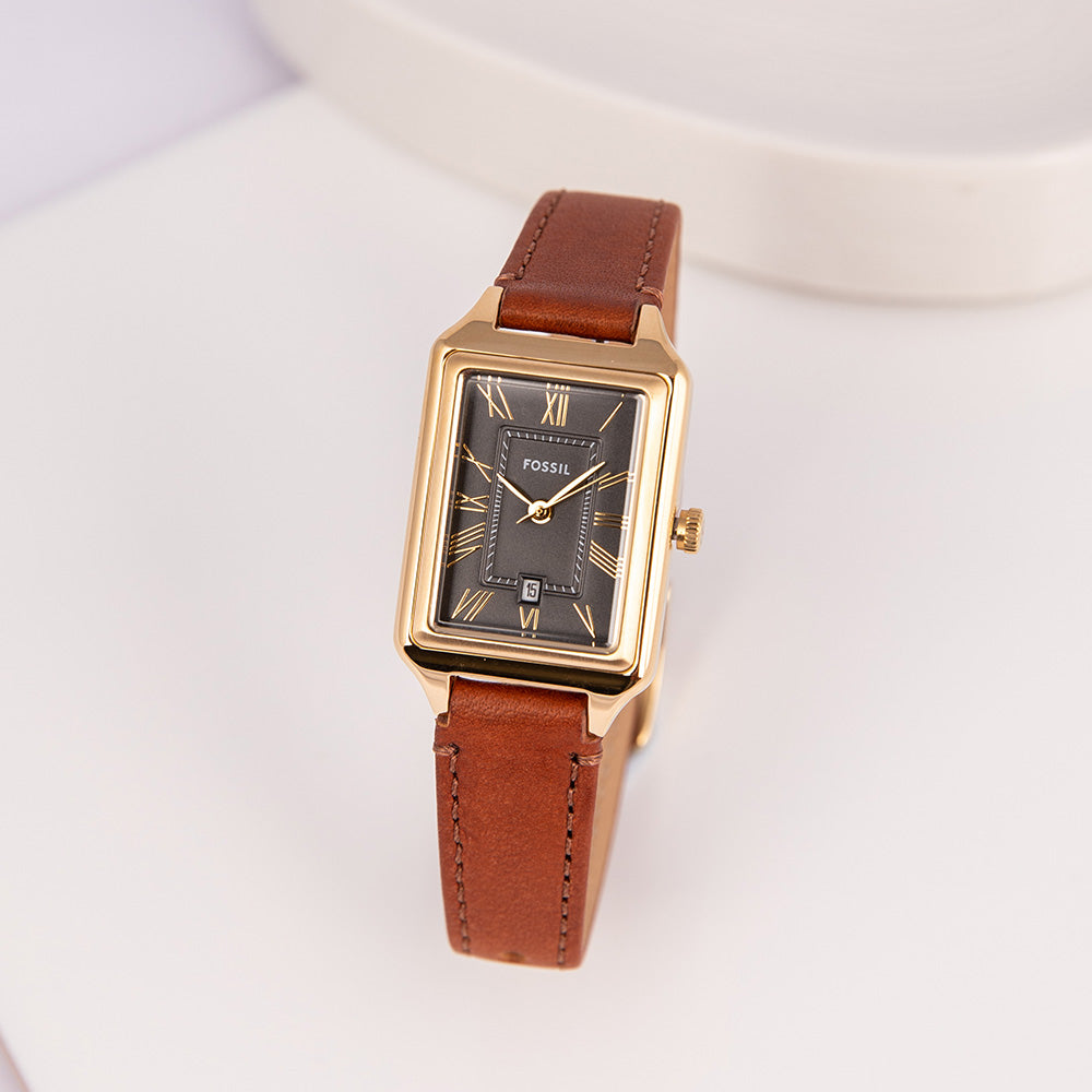 Fossil Raquel ES5303 Gold Rectangular Watch with Brown Leather Strap