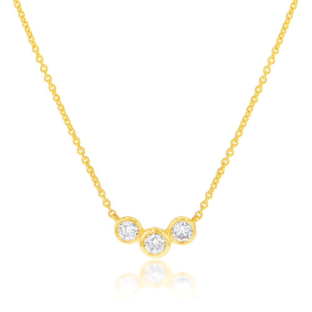 Exquisite 9ct Yellow Gold Flawless Cut Trilogy 15 Point Diamond Pendant with Matching Chain for Daily Wear