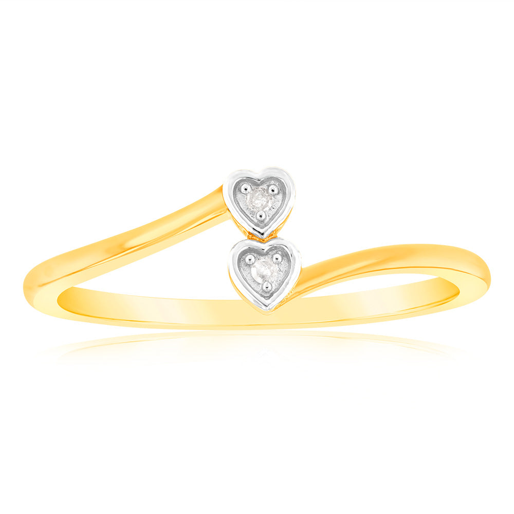 Exquisite 9ct Yellow Gold Ring with Two Heart - Shaped Diamonds