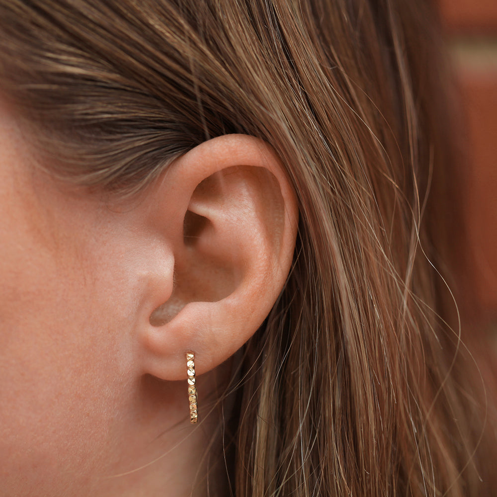 Stylish 9CT Yellow Gold Patterned Hoop Diamond Cut Earrings