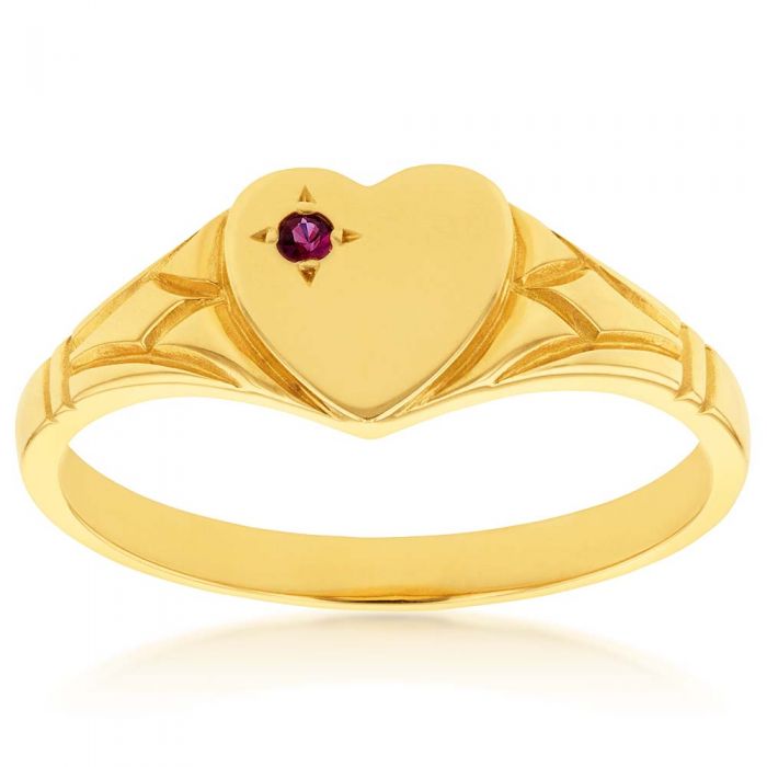 9ct Yellow Gold Ruby Heart Signet Ring in Size L - A Stunning Jewelry Piece