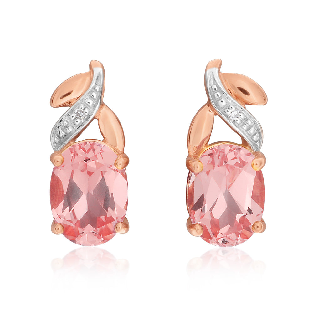 Exquisite 9ct Rose Gold Lab-Created Peach Sapphire and Diamond Stud Earrings