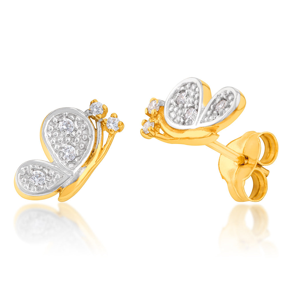Stunning 9 Carat Yellow Gold Cubic Zirconia Half Butterfly Design Stud Earrings