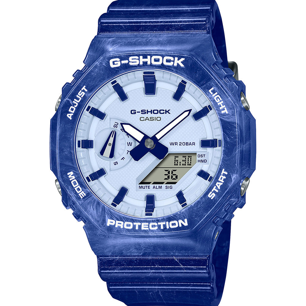 G-Shock GA2100BWP-2A Men's Blue and White Porcelain-Inspired Digital-Analog Watch
