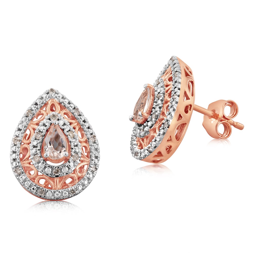 Gorgeous 9ct Rose Gold Stud Earrings with Diamonds and Blush - Pink Morganite