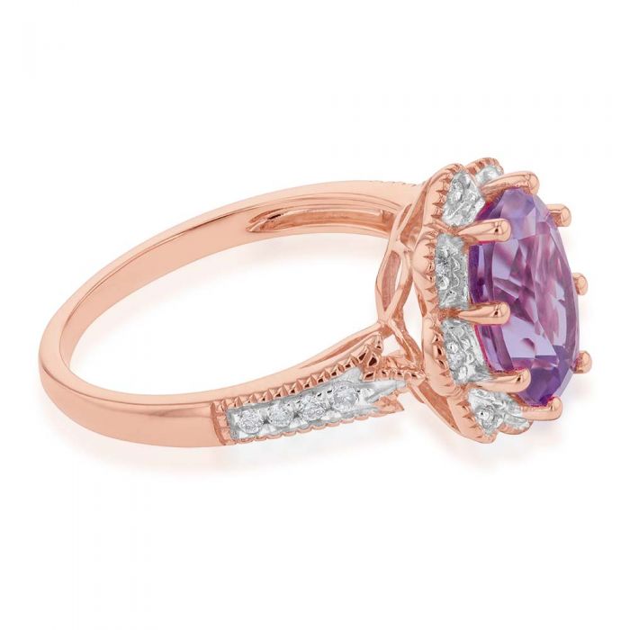 Exquisite 9 Carat Rose Gold Ring Set with 2.40 Carat Rose Amethyst and 1/10 Carat Diamonds
