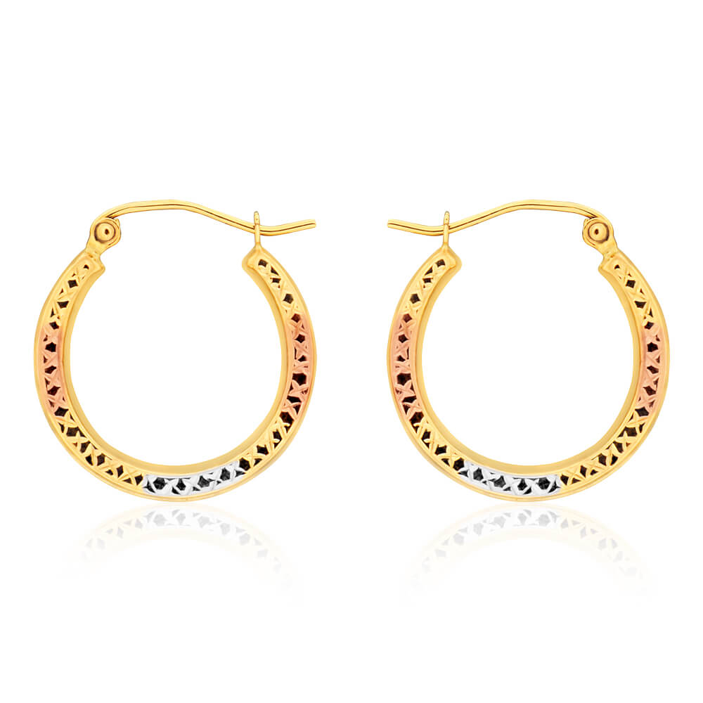 Exquisite 9ct Gold Cut Out Hoop Earrings in Yellow, White and Rose Gold Tones