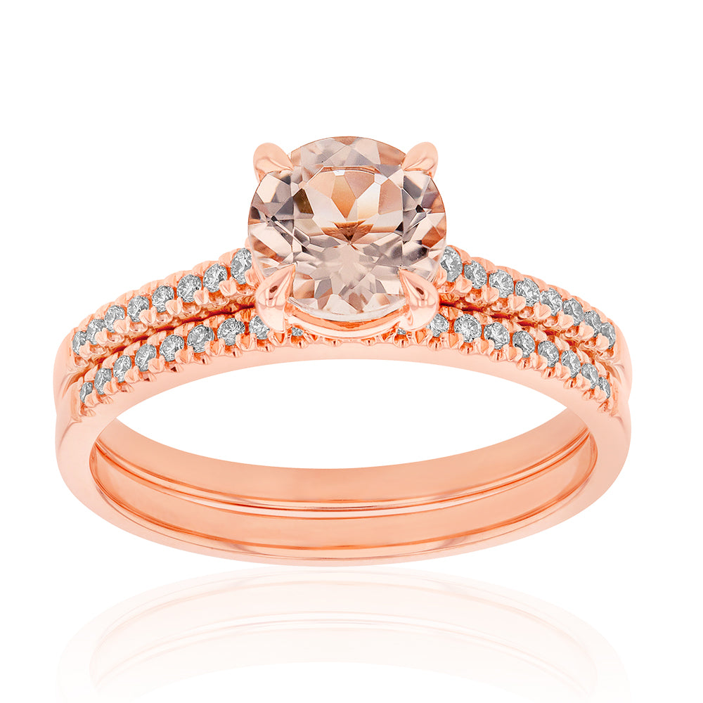 Exquisite 9 Carat Rose Gold Bridal Ring Set Featuring 1.20 Carat Round Morganite and Diamonds