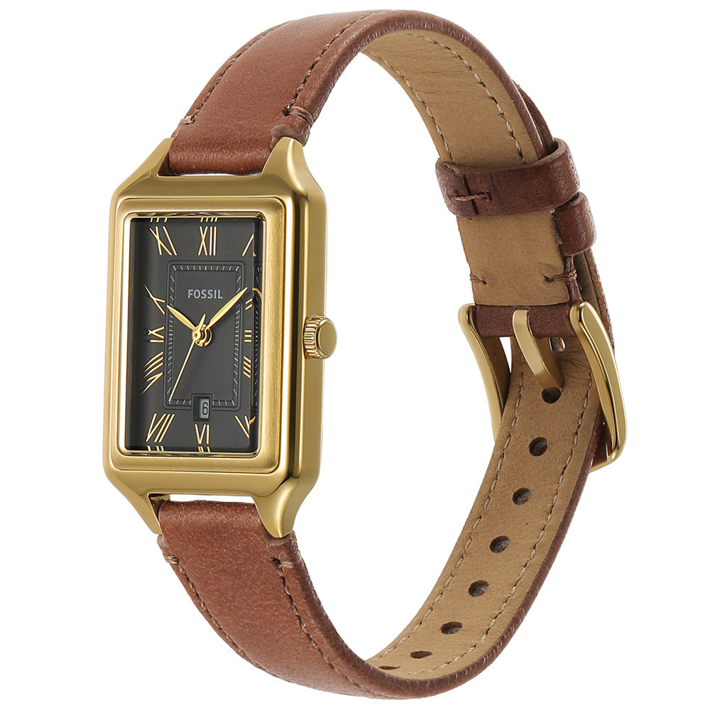 Fossil Raquel ES5303 Gold Rectangular Watch with Brown Leather Strap