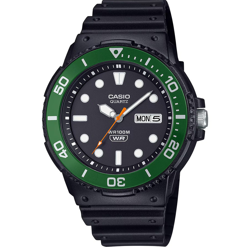 Casio MRW230H-1E3: Stylish Analog Watch with Bold Green Bezel