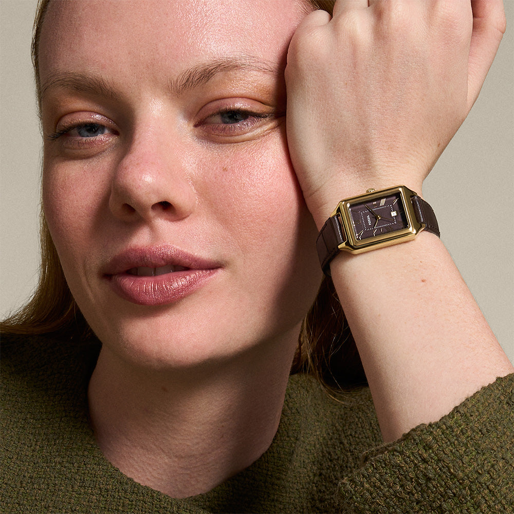 Fossil Raquel ES5367 Gold Rectangular Watch with Brown Leather Strap