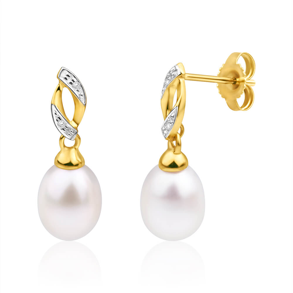 Exquisite 9ct Yellow Gold Freshwater Pearl and Diamond Dangle Earrings for Women's Jewelry Collection