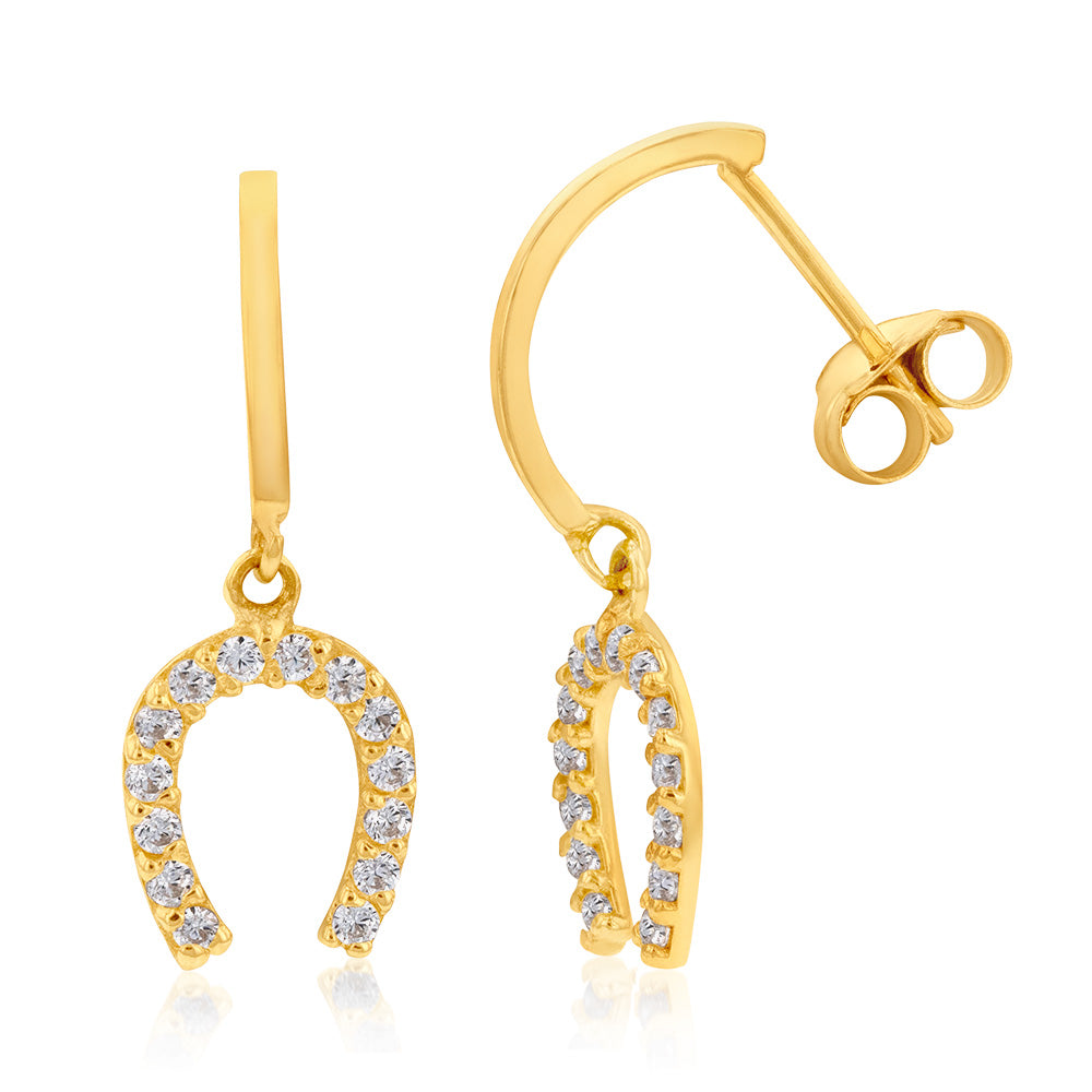 Exquisite 9 Carat Yellow Gold Zircon - Adorned Horseshoe - Shaped Drop Earrings for Jewelry Lovers