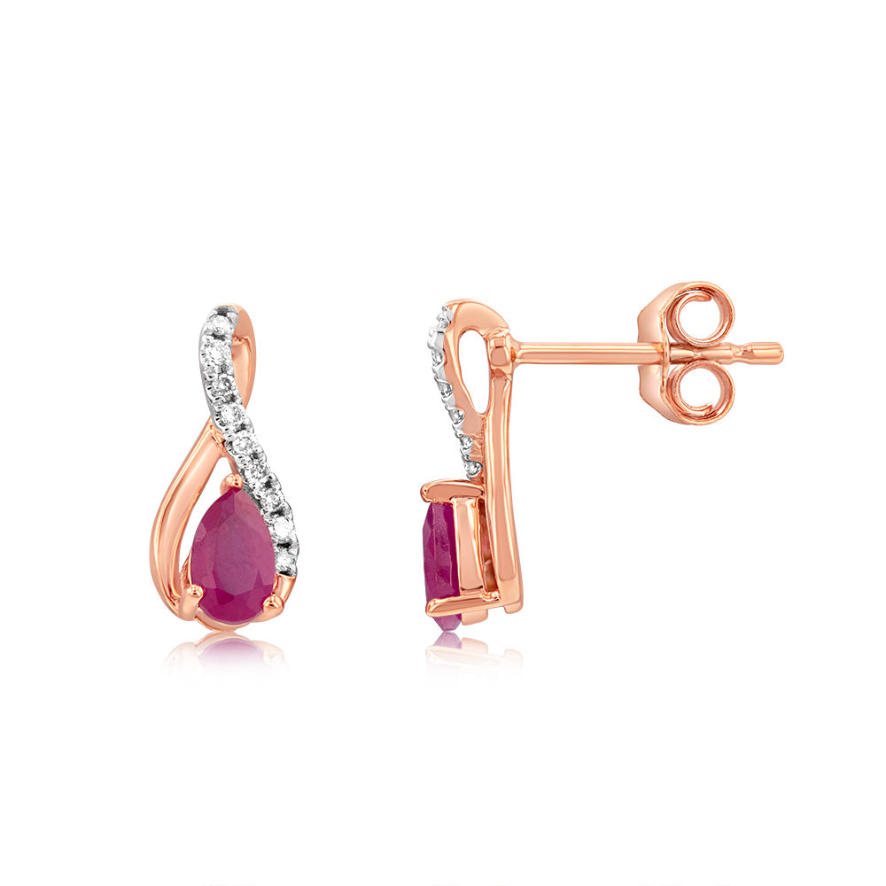 Stunning 9ct Rose Gold Stud Earrings with Diamonds and Created Pear Rubies