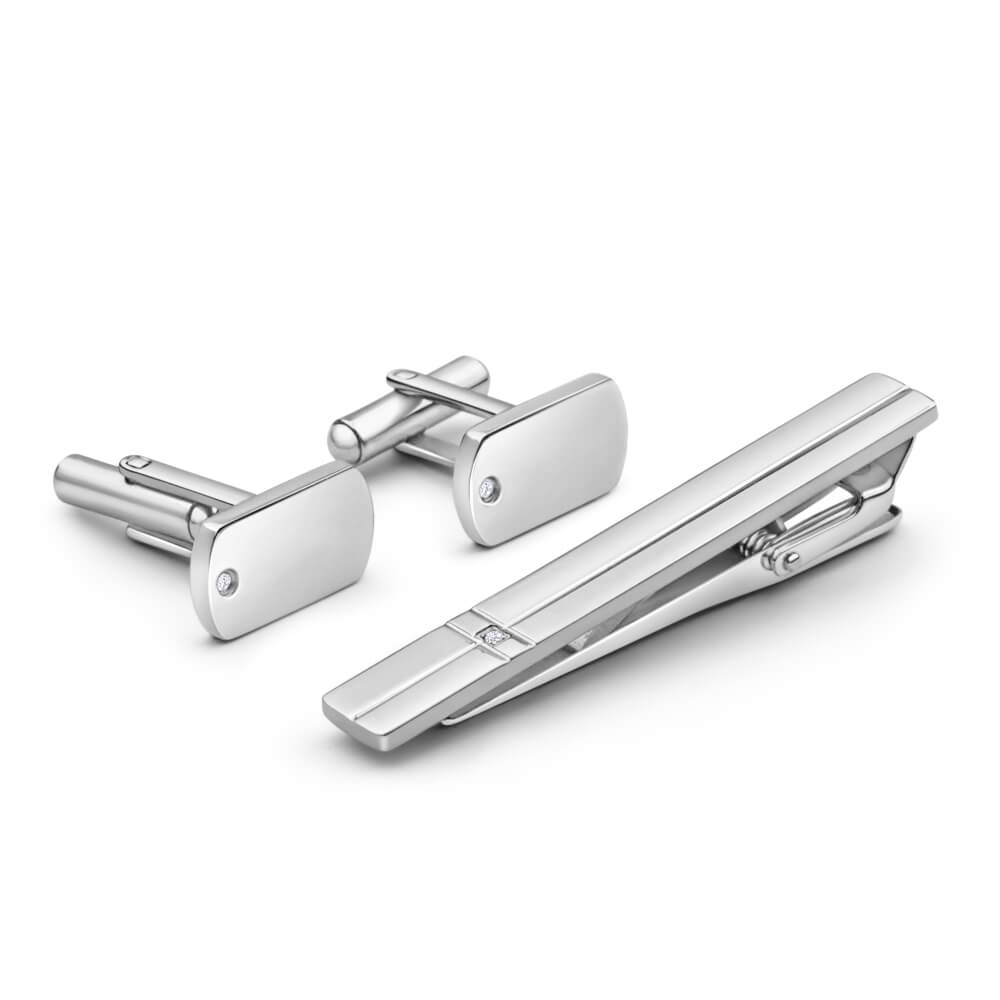 Premium Forte Stainless Steel Tie Bar and Cufflink Set with Cubic Zirconia