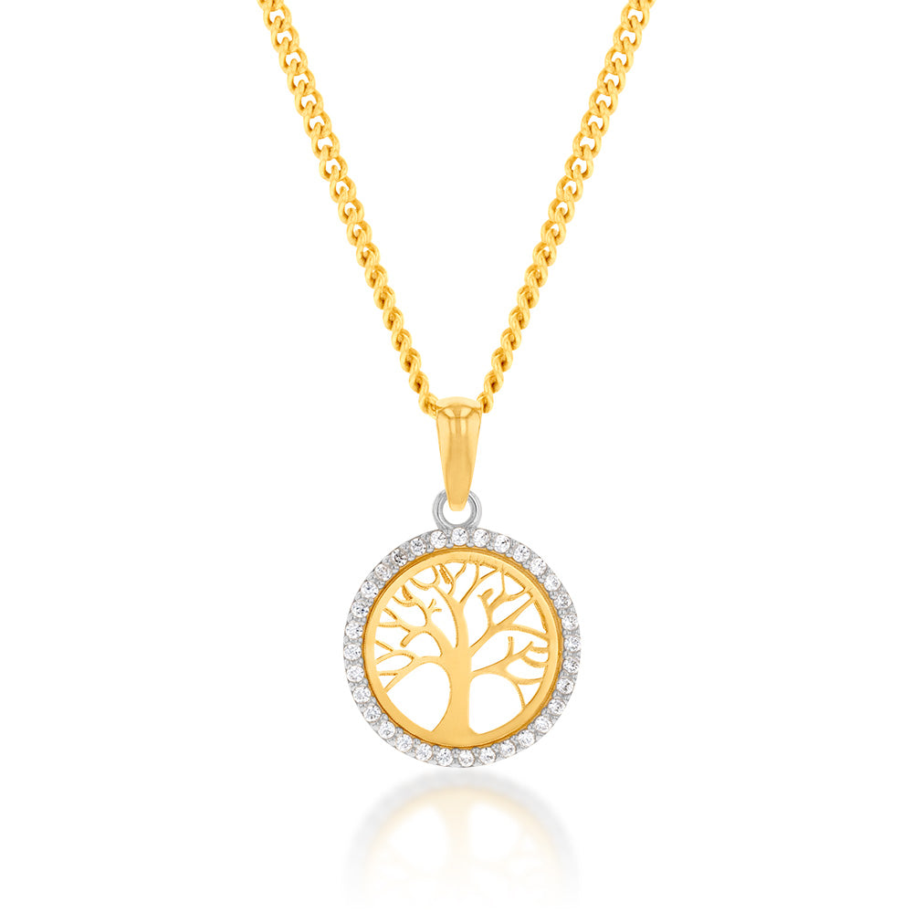 9ct Yellow Gold and Zirconia Tree of Life Round Jewelry Pendant for a Sentimental Look