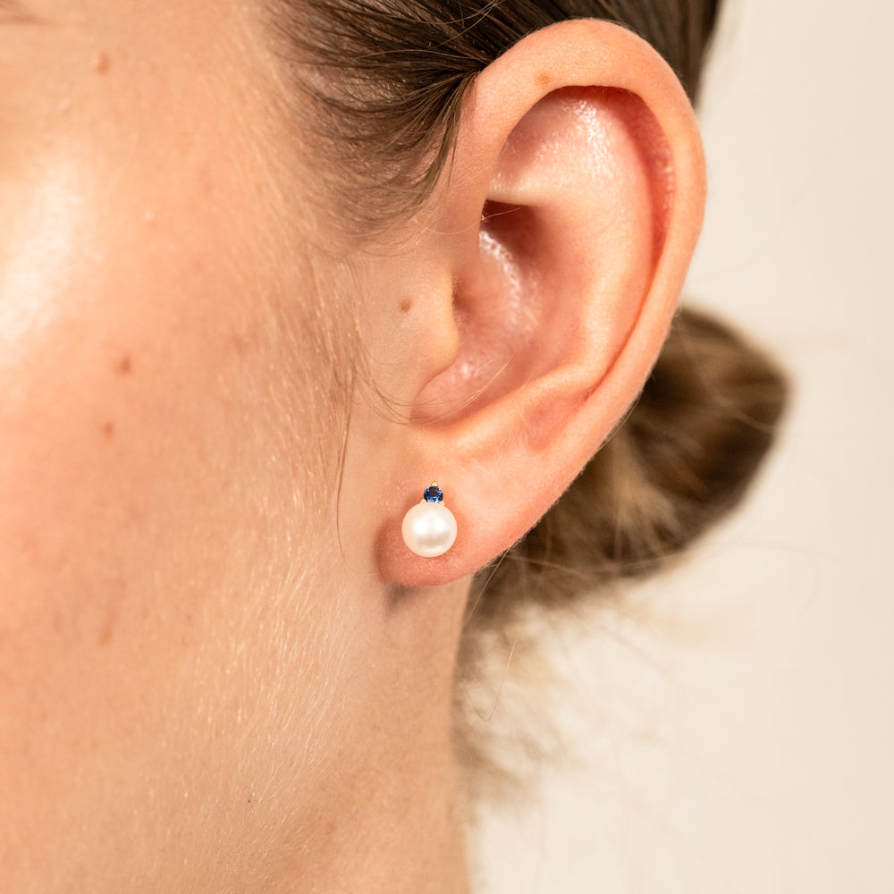 9ct Yellow Gold Stud Earrings with Sapphire, Blue Zirconia and Freshwater Pearl