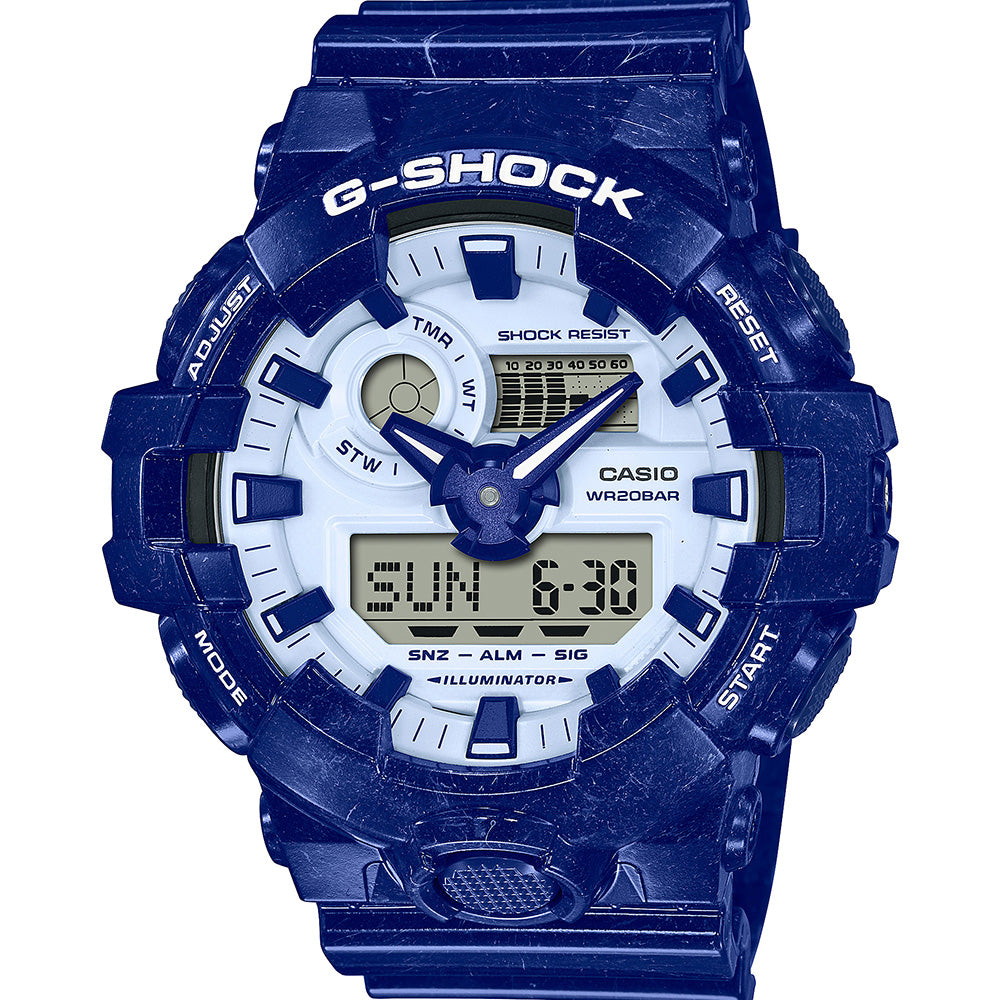 G-Shock GA700BWP-2A Stylish Blue and White Ceramic-Inspired Wristwatch