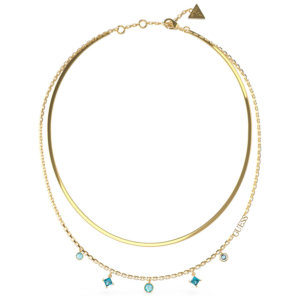 Guess Stylish Gold - Coated Stainless - Steel Aqua Double - Chain Necklace with 15 - 17 Inches Length