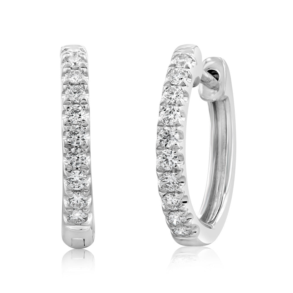 Stunning 9ct White Gold Flawlessly Cut Diamond Hoop Earrings, Each Adorned with 10 Diamonds (Total Weight = 20 Points)