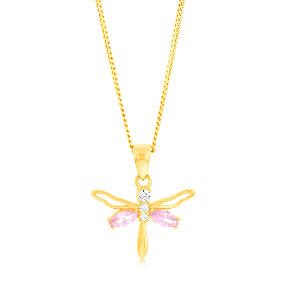 9ct Yellow Gold Pink Zirconia-Embellished Dragonfly Pendant