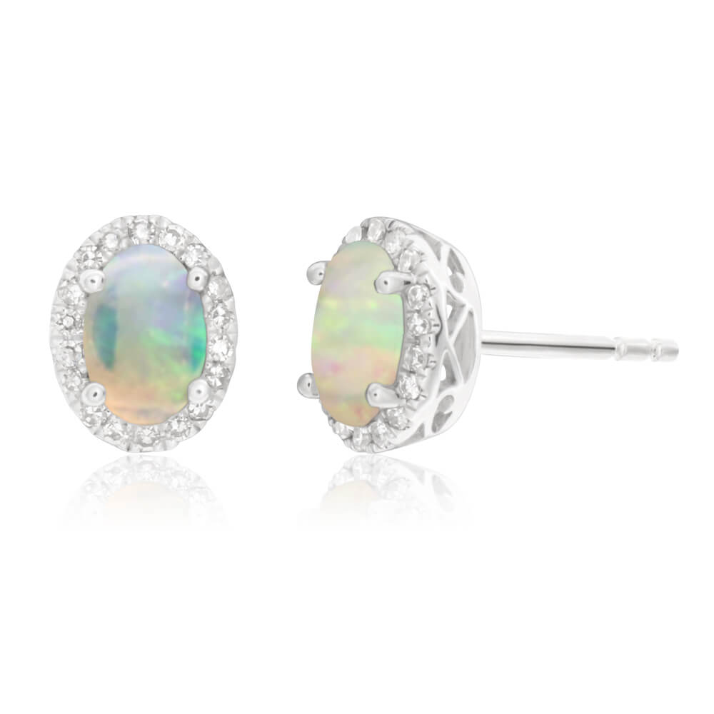 Exquisite 9 Carat White Gold Stud Earrings with 0.25 Carat Natural White Opals and Sparkling Diamonds