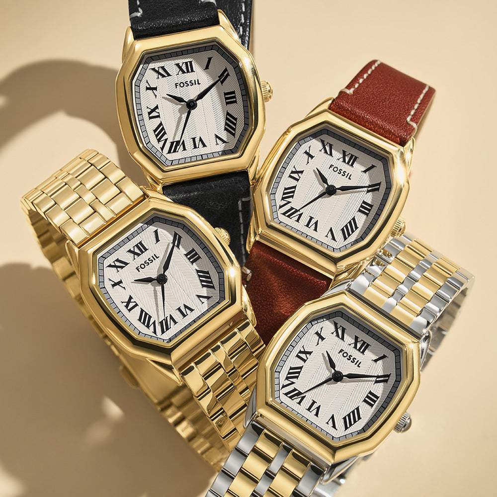 Fossil ES5364 Harlow Gold Octagonal Stainless-Steel Watch with Brown Leather Strap