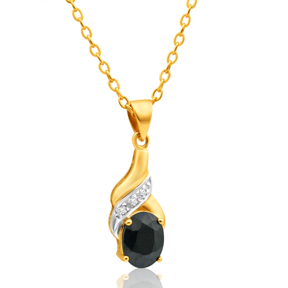 9ct Yellow Gold Vintage-Style Natural Black Sapphire 8x6mm and Diamond Jewelry Pendant