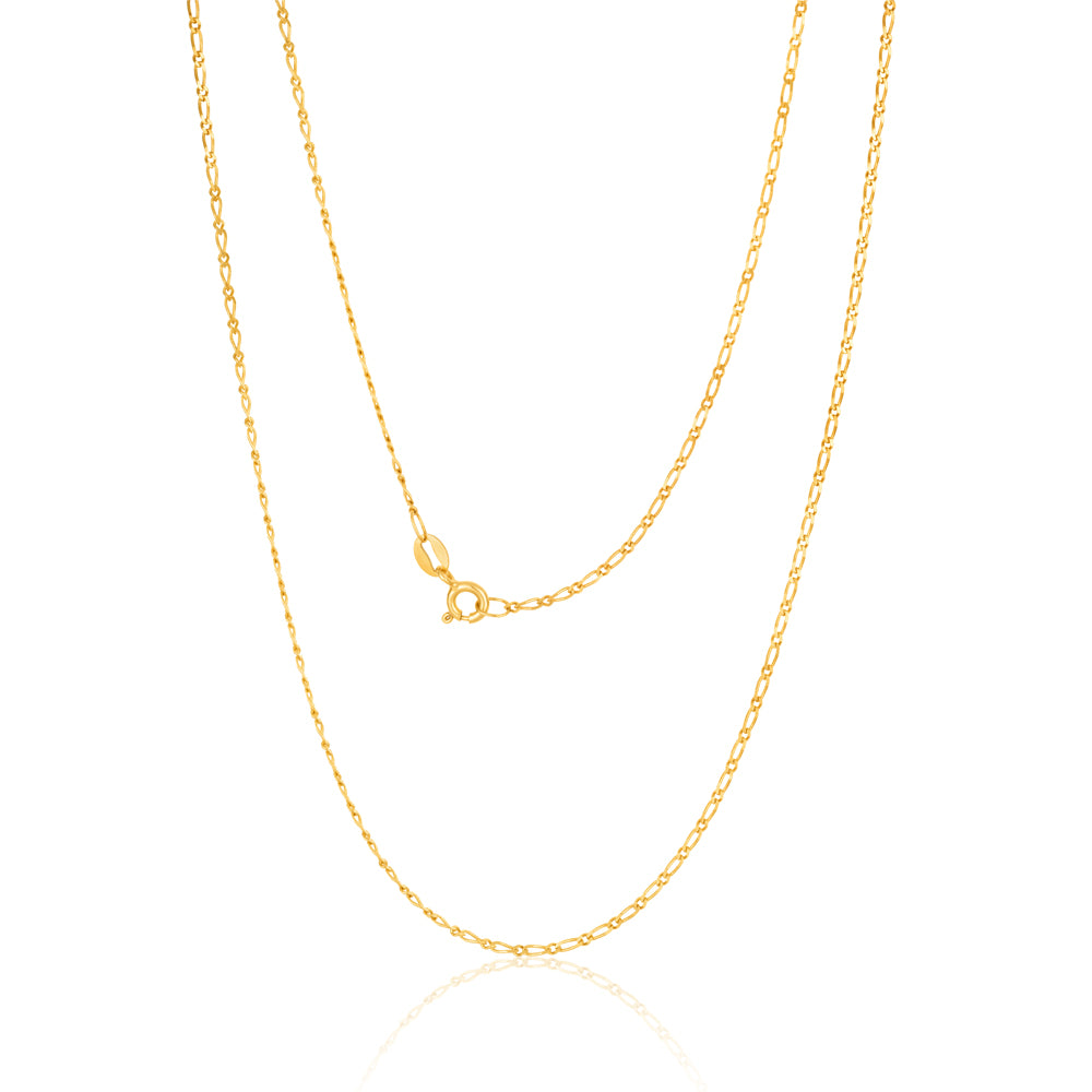 60cm 9-carat Solid Yellow Gold Figaro Style 1:1 Diamond Cut 40 Gauge Necklace Chain