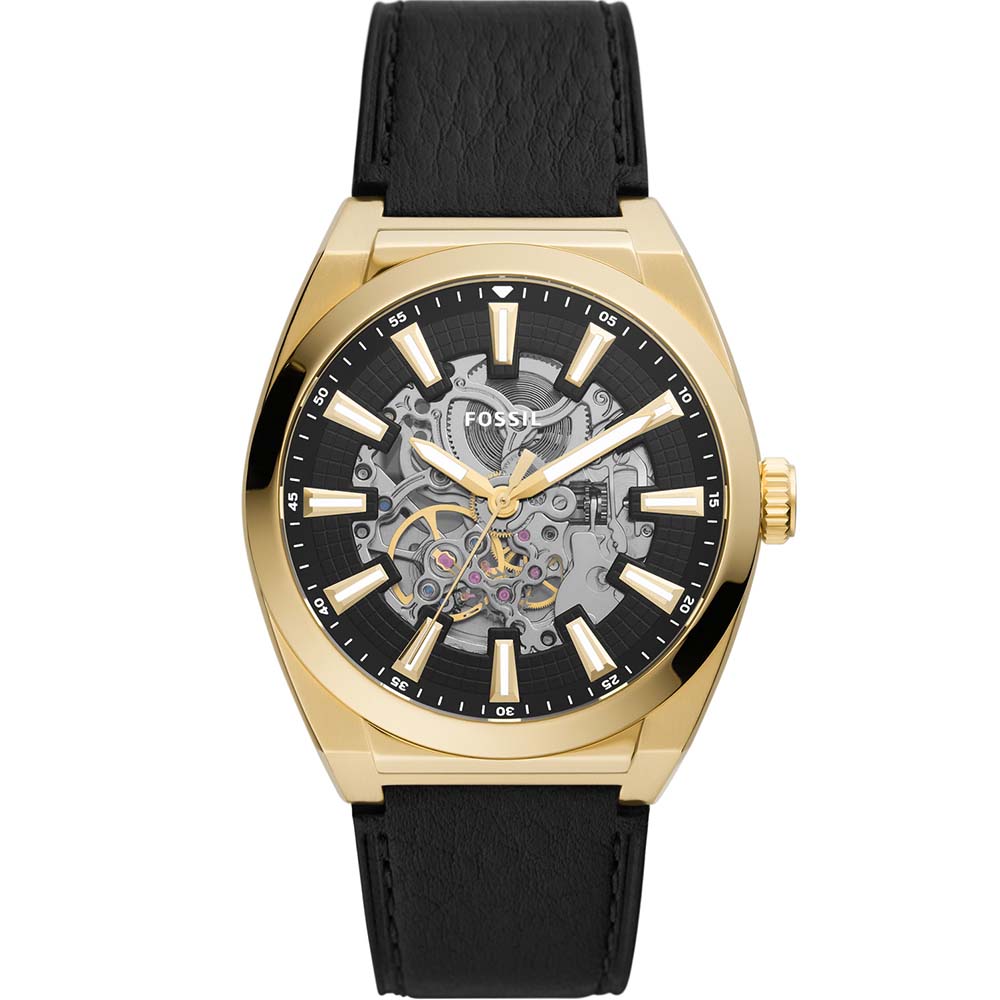 Fossil Everett ME3208 Automatic Men's Dress Watch with Gold Plated Case and Black Leather Strap