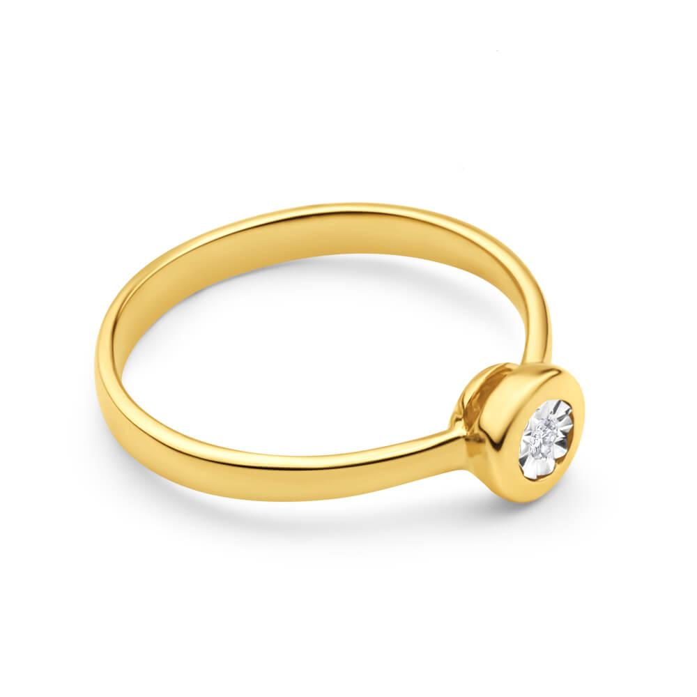 Exquisite 9 Carat Yellow Gold Single Stone Solitaire Ring Featuring a 0.01 Carat Brilliantly Cut Diamond