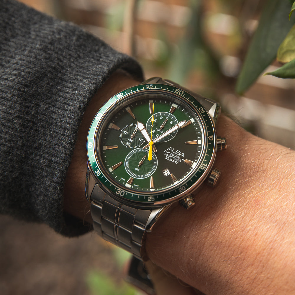 Alba AM3825X1 Men's Stainless Steel Chronograph Watch with Green Dial