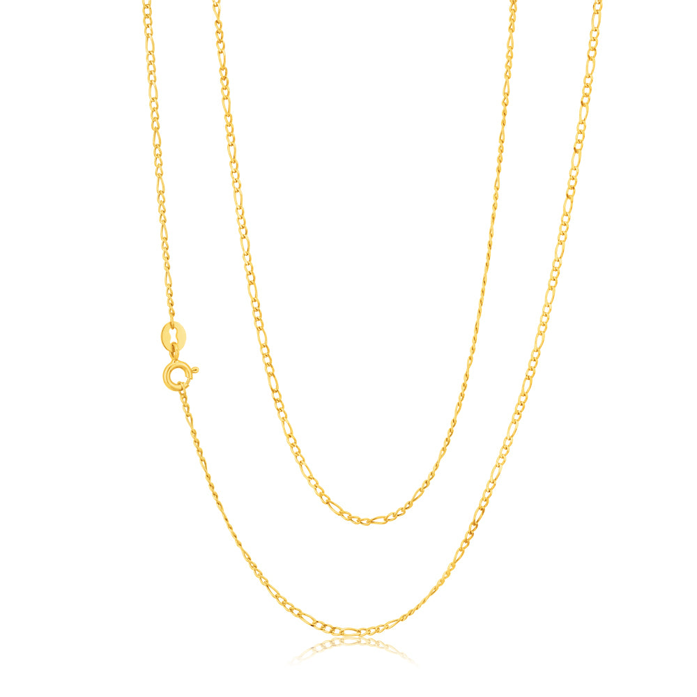 Italian-Made 9 Carat Figaro Style 3:1 Ratio Yellow Gold Chain, 50cm Long and 40 Gauge