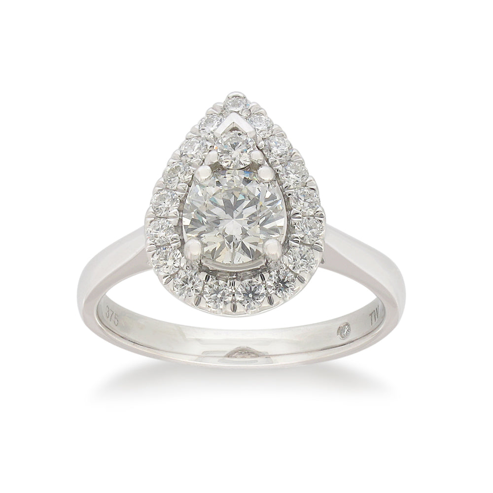 Exquisite 9ct White Gold Pear Shape Diamond Engagement Ring with a Total Weight of 1ct and Flawless Cut