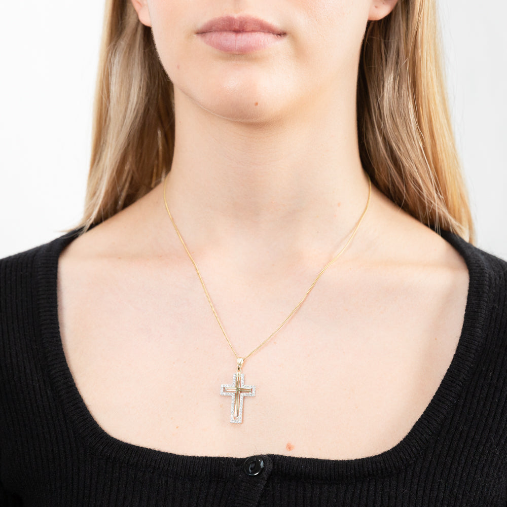 Stunning 9 Carat Yellow Gold Zirconia-Embellished Cross Necklace Pendant