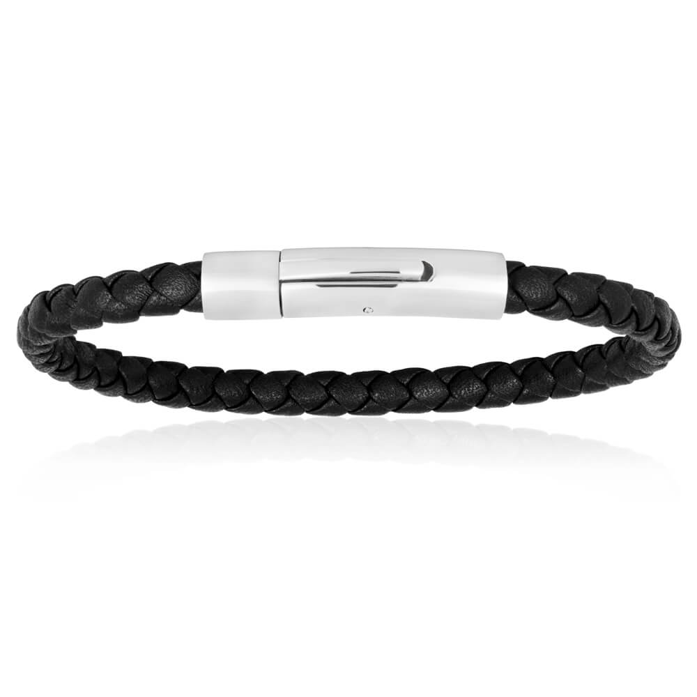 Forte Men's Fancy Bracelet Crafted from Stainless Steel and Plaited Black Leather