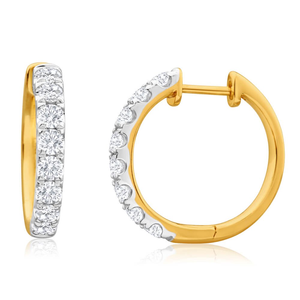 Exquisite 9ct Yellow Gold Flawless Cut Diamond Hoop Earrings with a Total Weight of 75 - 79 Points