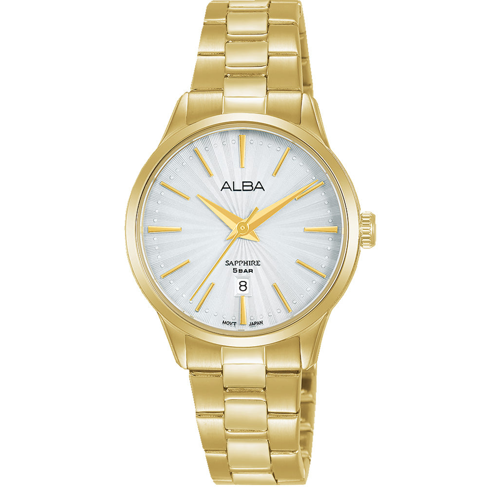 Alba Prestige AH7W36X5: Classic White Dial Gold-Tone Stainless Steel Watch