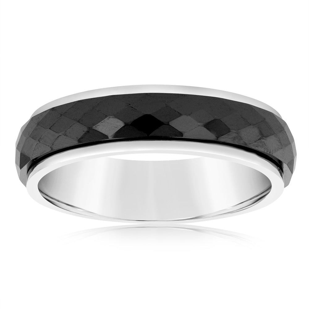 6mm Wide Forte Black Stainless Steel Ring with Diamond Cut Design