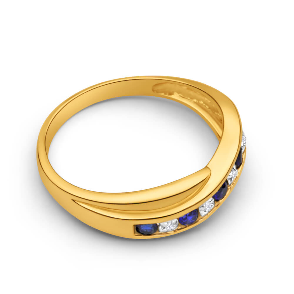 Exquisite 9ct Dazzling Yellow Gold Ring Set with Created Sapphires and Diamonds